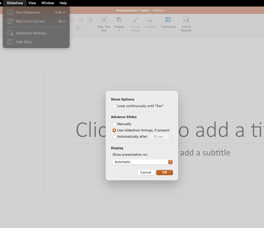 A presentation screen with a pop-up window showing slideshow options, including slide timing and display settings.