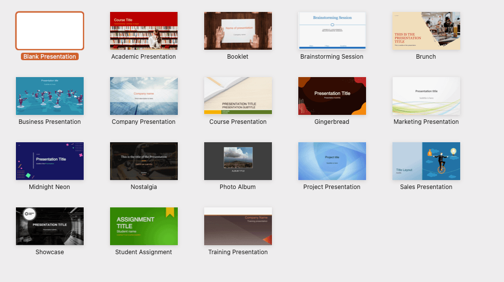 A grid of various presentation templates with titles like "Academic Presentation," "Brunch," and "Project Presentation" displayed.