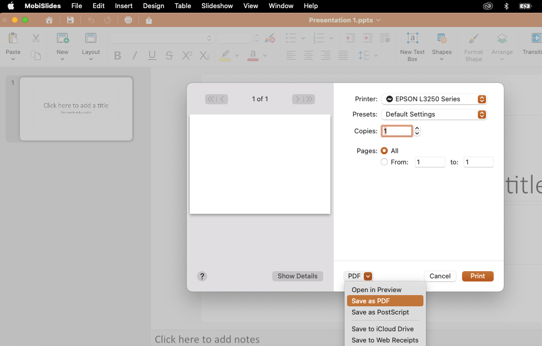 Print dialog box in MobiSlides with a dropdown menu open with "Save as PDF" option highlighted.