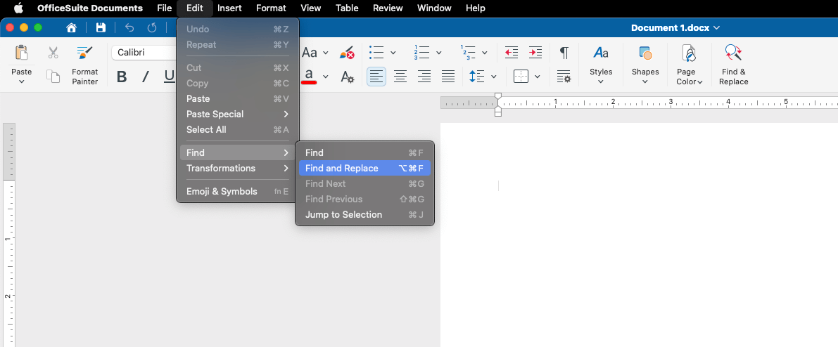 Word processor menu showing "Edit" dropdown with options for Find, Find and Replace, Find Next, Find Previous, and Jump to Selection.