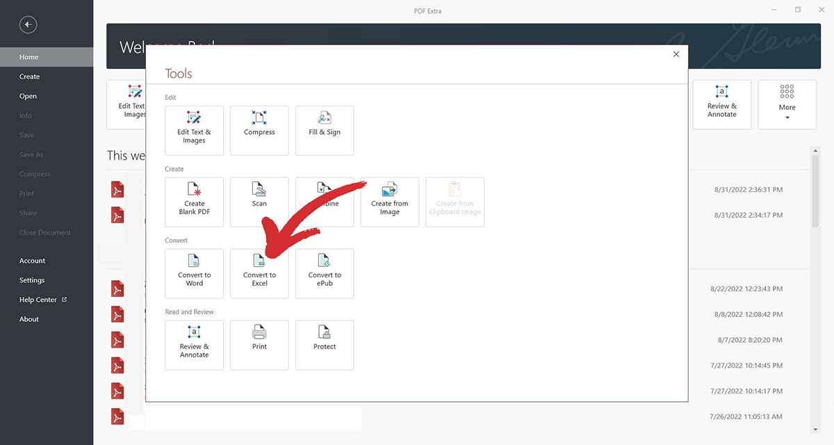 Choose the Convert to Excel feature.