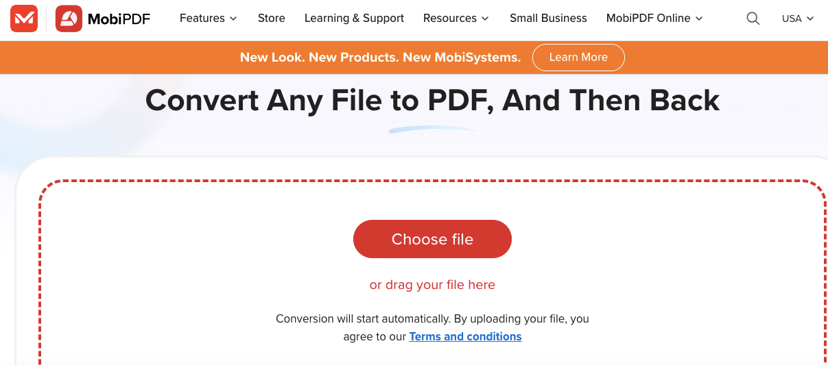 MobiPDF website homepage with the heading "Convert Any File to PDF, And Then Back" and a "Choose file" button for uploading.