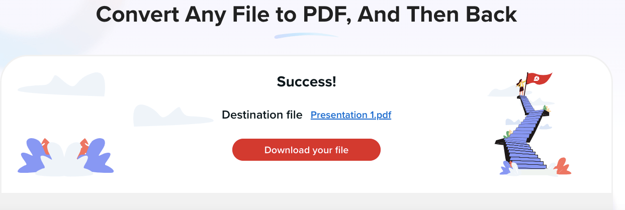 Success screen on the MobiPDF website after converting a file named "Presentation 1.pdf" with a download button.