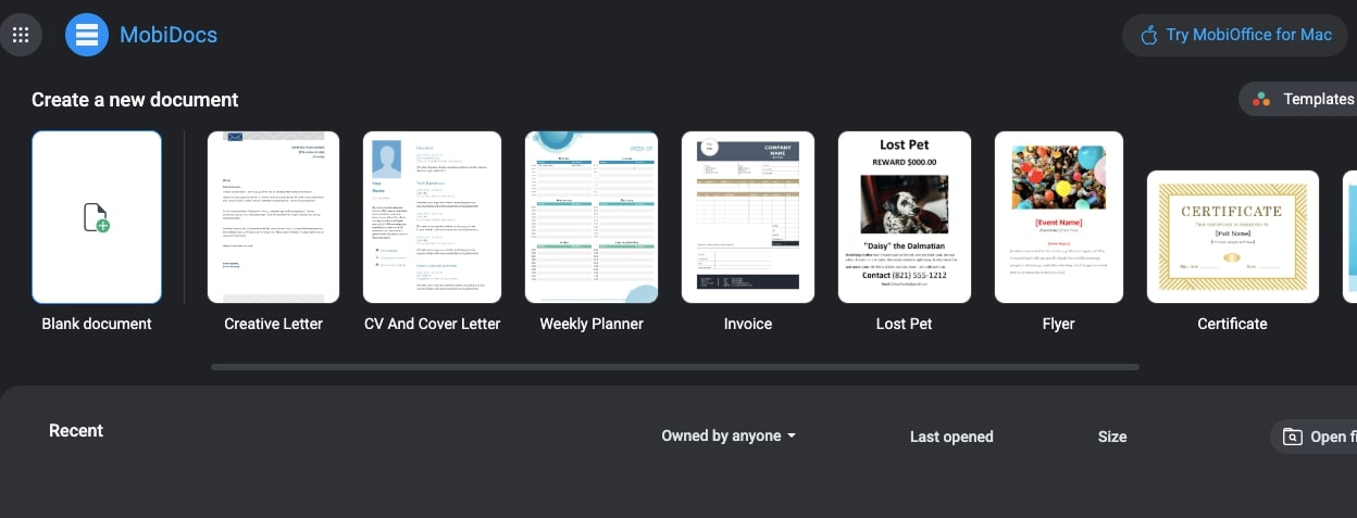 MobiDocs dashboard displaying document templates, including resumes, planners, invoices, and certificates.