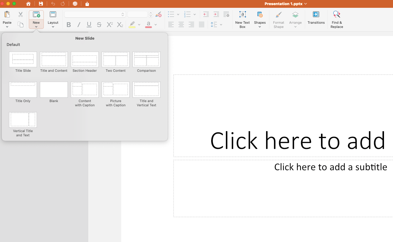 MobiSlides interface with a new slide menu open, displaying various slide layout options on the left and a blank slide on the right.