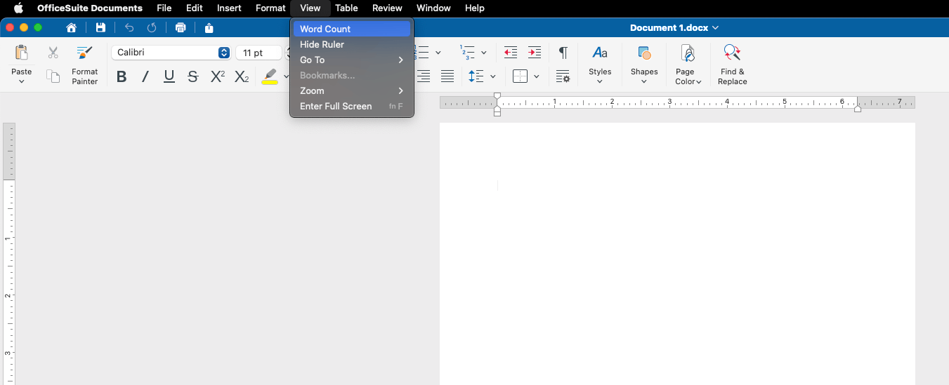 View menu in word processor showing Word Count option, Hide Ruler, Go To, and other view-related settings.