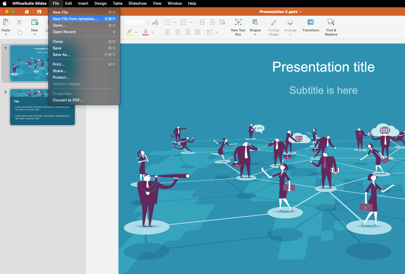 A presentation slide featuring a network of illustrated business people connected by lines on a blue background. A menu is open on the left.
