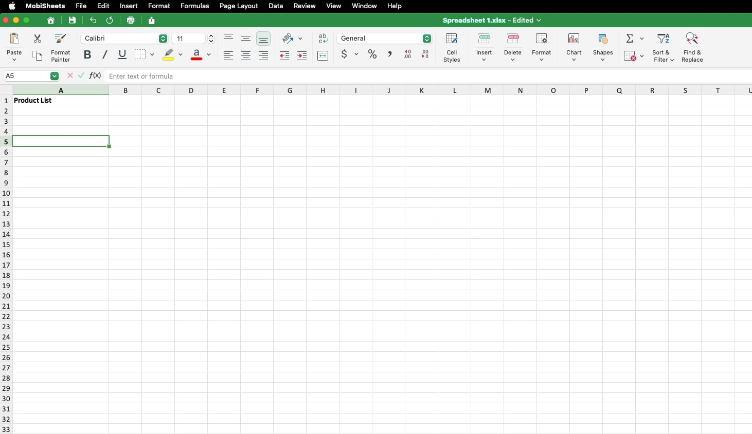 MobiSheets spreadsheet displays a table titled 'Product List' with an empty grid, ready for input.