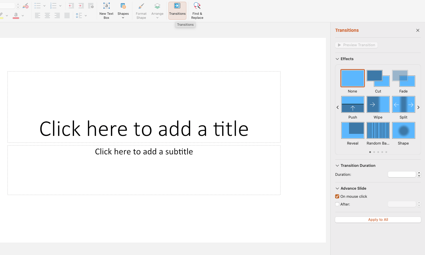 A slide template with text placeholders for a title and subtitle, alongside transition effect options on the right panel.