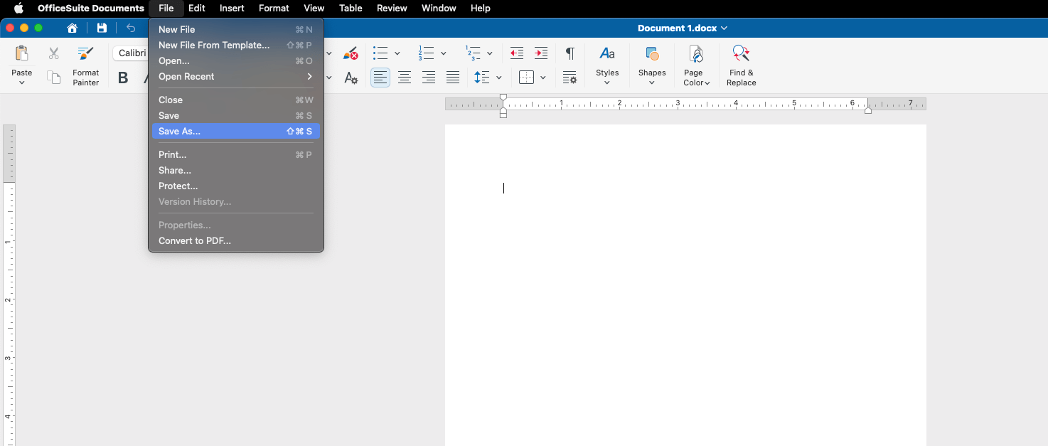 A computer screen displaying a word processor with a blank document. The "File" menu is open, showing options like "Save As" and "Open Recent."