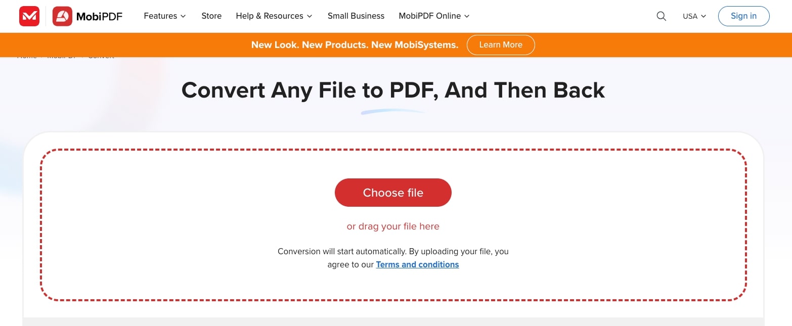MobiPDF's online converter interface with a 'Choose file' button.