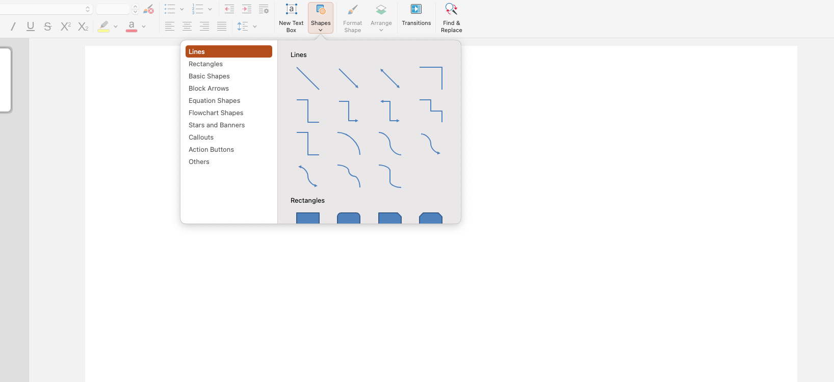 A slide displaying a shapes menu with various line and rectangle options on a blank canvas.