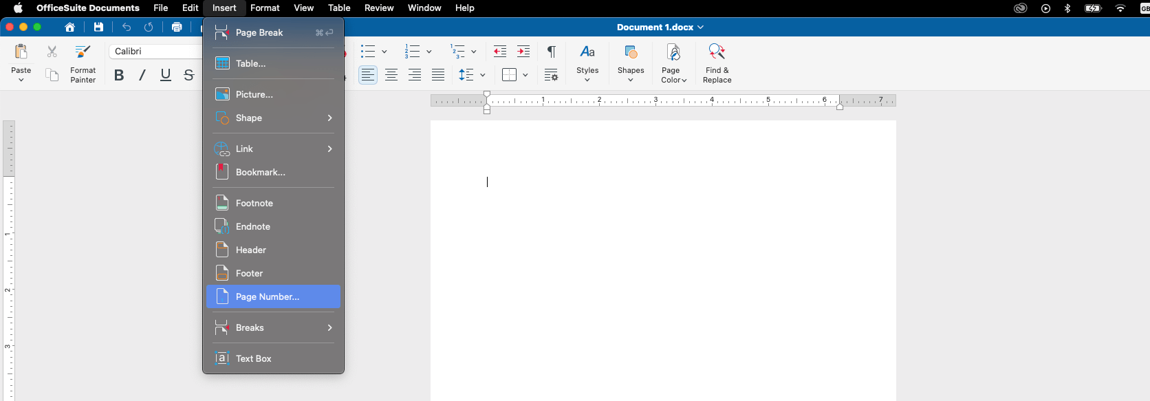 Insert menu in word processor displaying options for Page Break, Table, Picture, Shape, and various document elements.