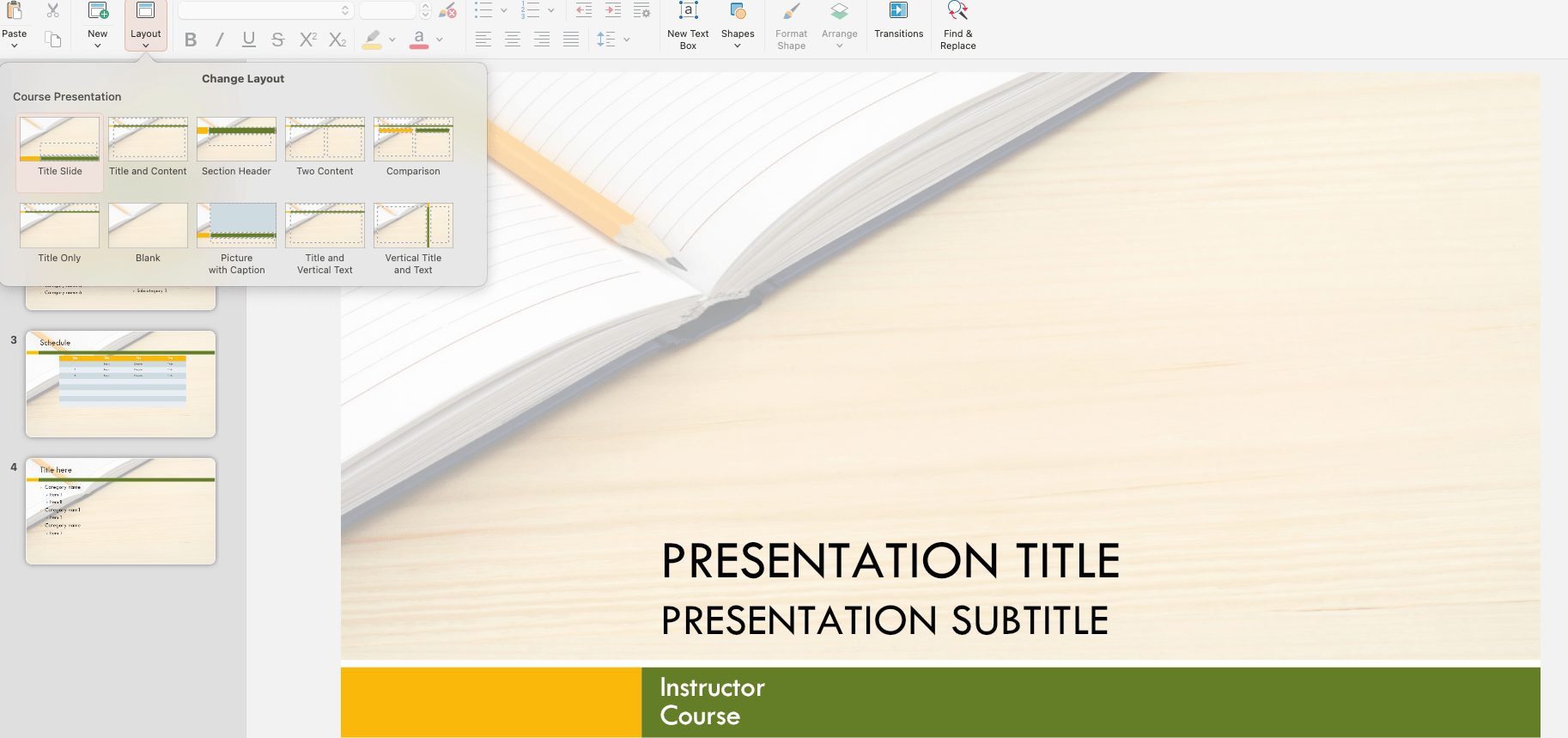 Template with a notebook and pencil image. Slide shows layout options and text placeholders for title, subtitle, instructor, and course.