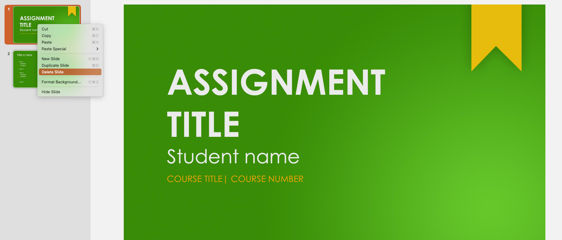 Green presentation slide with "Assignment Title," "Student name," and "Course Title | Course Number" in white text. Yellow bookmark design.
