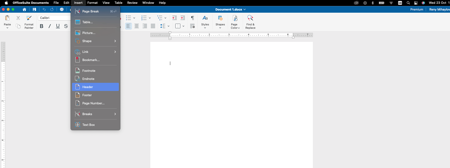 Insert menu showing options for Page Break, Table, Picture, Shape, Link, and other document insertion tools.