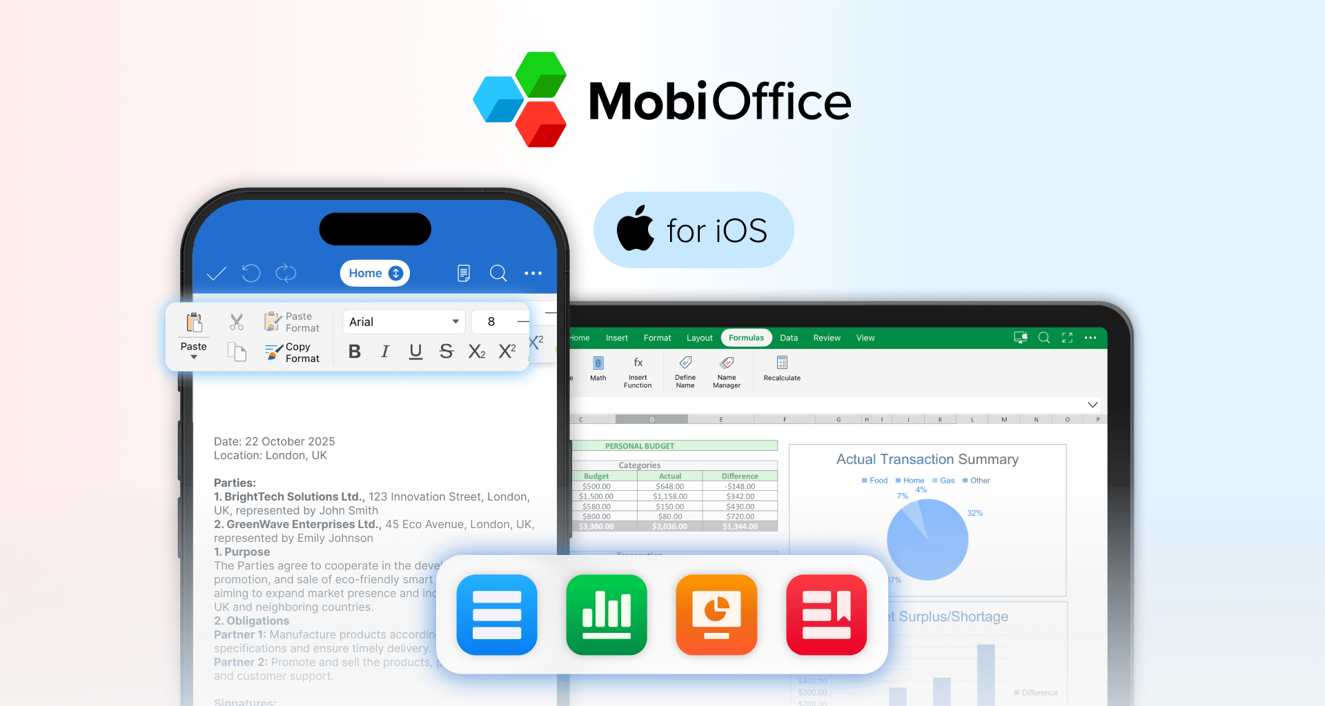 Illustration of the MobiOffice for iOS app showing document editing, spreadsheet tools, and presentation features on iPhone and tablet devices with office app icons displayed below