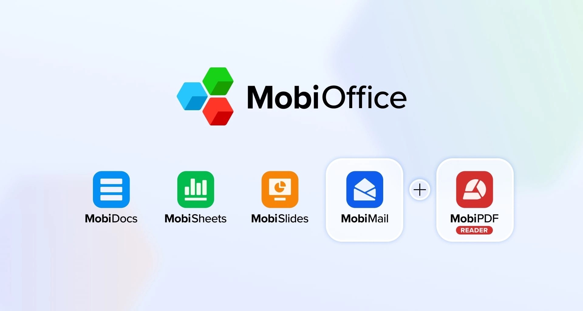 A visual overview of the MobiOffice 4-in-1 productivity suite featuring MobiDocs, MobiSheets, MobiSlides, MobiMail, and the bonus MobiPDF Reader.