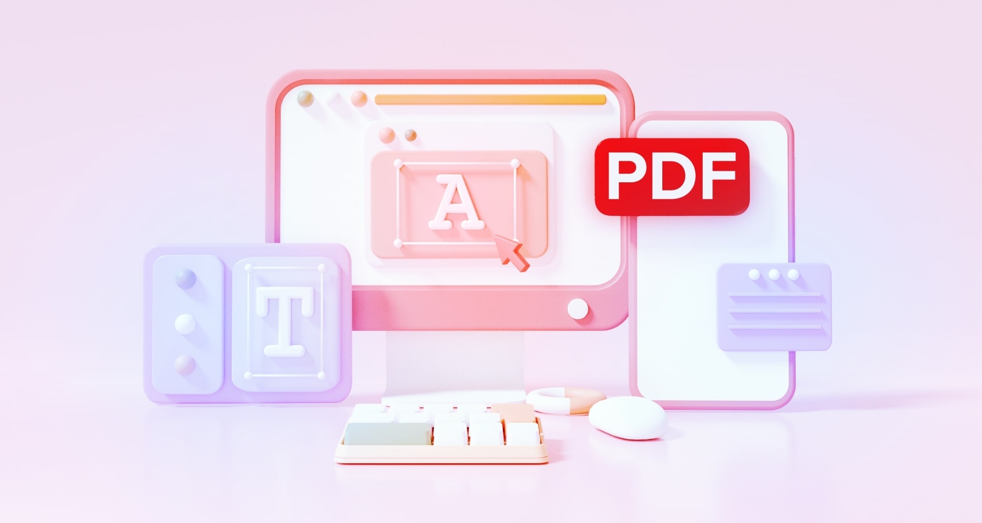 3D illustration of digital editing tools: a monitor with text editing, a PDF icon on a smartphone, and a keyboard on a pastel background.