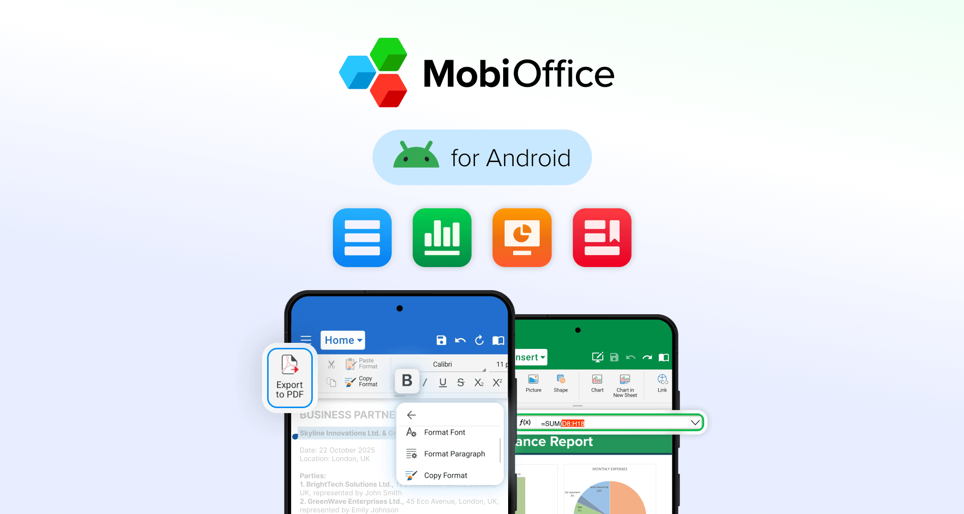 Screenshot of the MobiOffice app page on Google Play Store with the Open button highlighted, showing how to launch the app on Android devices