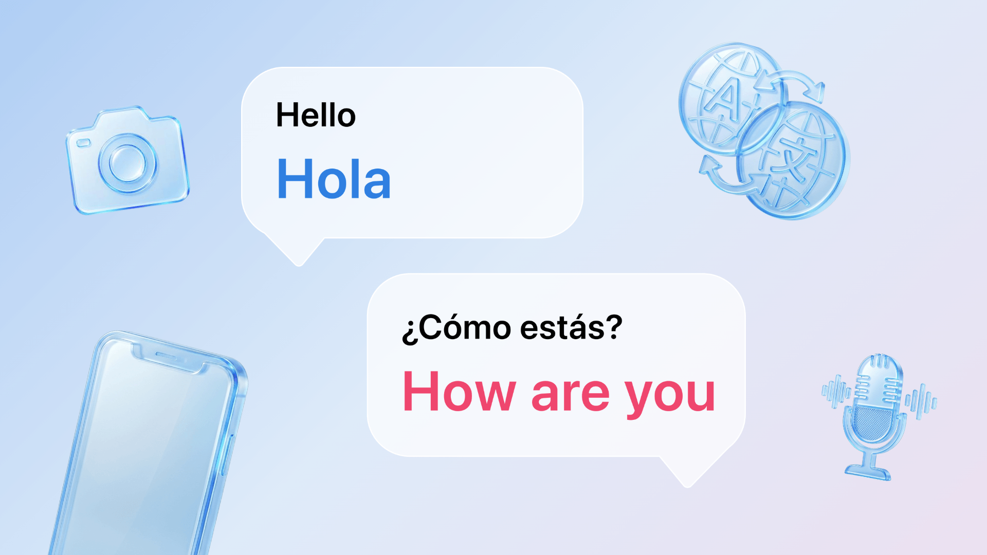 Talk & Translate app shown as a language-learning tool using voice, text, and camera translation.