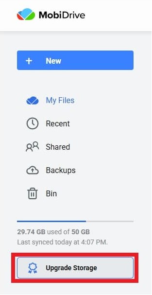 MobiDrive interface displaying navigation options like "My Files," "Recent," and "Shared," along with storage usage information and an "Upgrade Storage" button highlighted at the bottom.