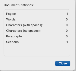 Document statistics window showing counts for Pages (1), Words (0), Characters (0/0), Paragraphs (0), and Sections (1).