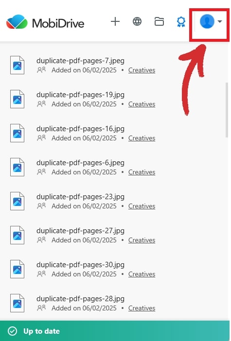 MobiDrive application interface displaying a list of JPEG files added on specific dates, with an arrow pointing to the user icon for account-related options.