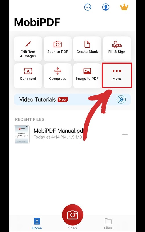 MobiPDF for iOS app interface with icons for editing, scanning, creating, signing, commenting, compressing, and more, with "More" highlighted and recent files shown.