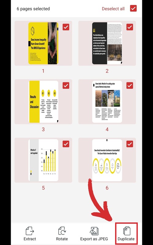 MobiPDF for Android's interface showing six pages with checkboxes selected, with options to "Extract," "Rotate," "Export as JPEG," and "Duplicate" highlighted with a red arrow pointing to the "Duplicate" option.