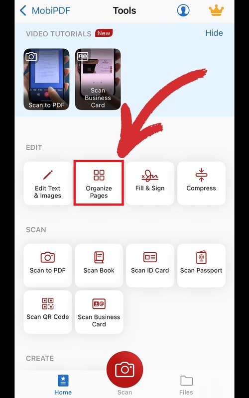 MobiPDF for iOS app interface with icons for various functions, including "Edit Text & Images," "Organize Pages," "Fill & Sign," and "Compress," with "Organize Pages" highlighted by a red arrow.