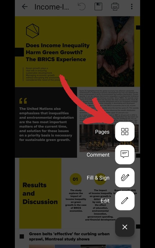 MobiPDF for Android with a highlighted section about income inequality and green growth, featuring text and a red arrow pointing to a pop-up menu with icons for "Pages," "Comment," "Fill & Sign," and "Edit."