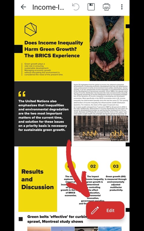 MobiPDF for Android interface with a highlighted section about income inequality and green growth, featuring text and a red arrow pointing to an "Edit" button.
