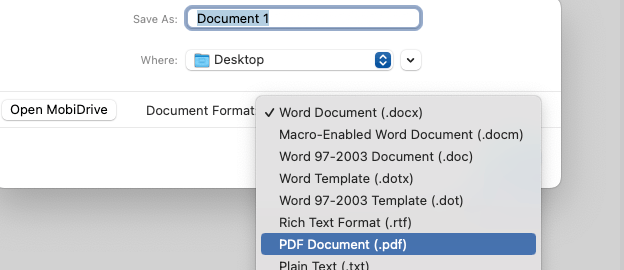 Save dialog window showing file format options including Word Document (.docx), Rich Text Format (.rtf), and PDF Document (.pdf).