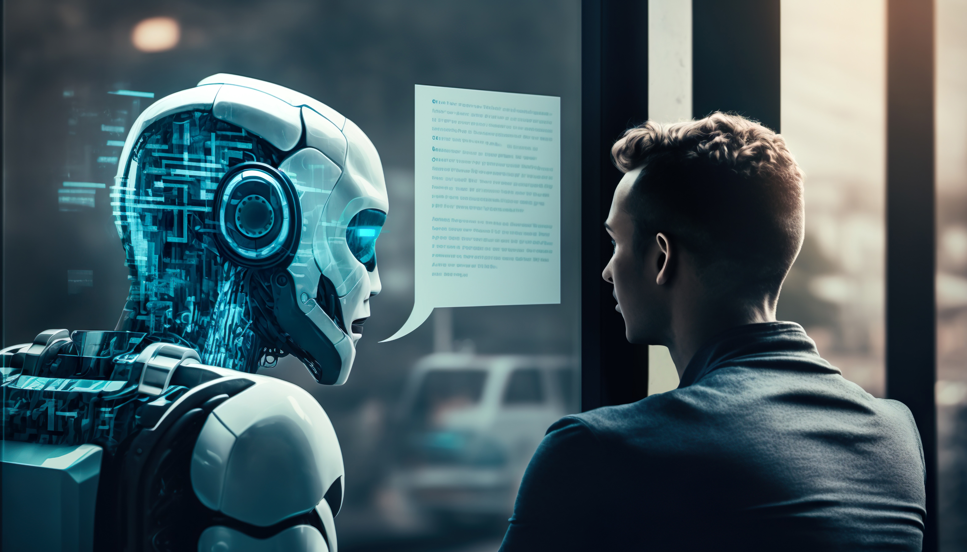 Humanoid robot and businessman looking at digital document interface in futuristic office environment with city view.