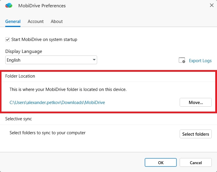MobiDrive Preferences window under "General" tab, highlighting the "Folder Location" section where users can change the location of their MobiDrive folder.