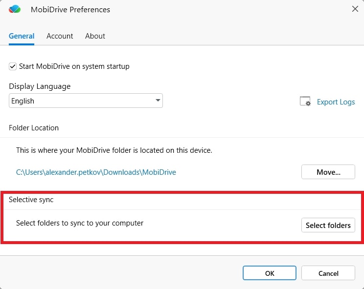 MobiDrive Preferences screen in the "General" tab, emphasizing the "Selective sync" section with an option to select folders to sync to the computer.