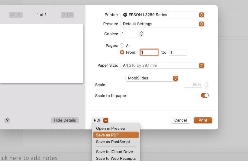 Print dialog in MobiSlides with expanded PDF options, including "Save as PDF" selected from a dropdown menu.