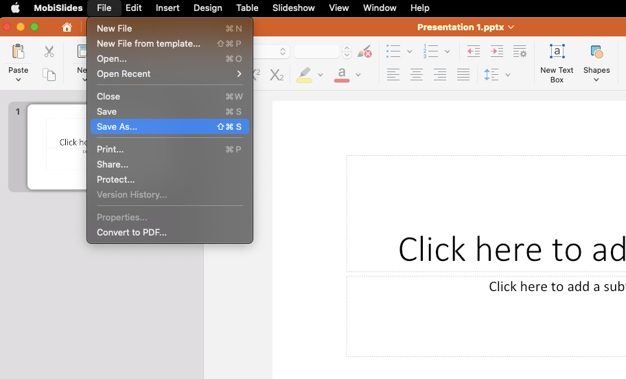 MobiSlides application with the File menu open, showing the "Save As..." option selected.