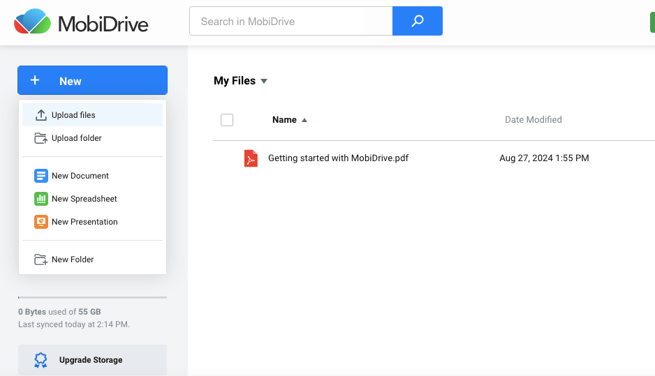 MobiDrive interface showing a file named "Getting started with MobiDrive.pdf" uploaded on Aug 27, 2024. Options to upload files and create documents.