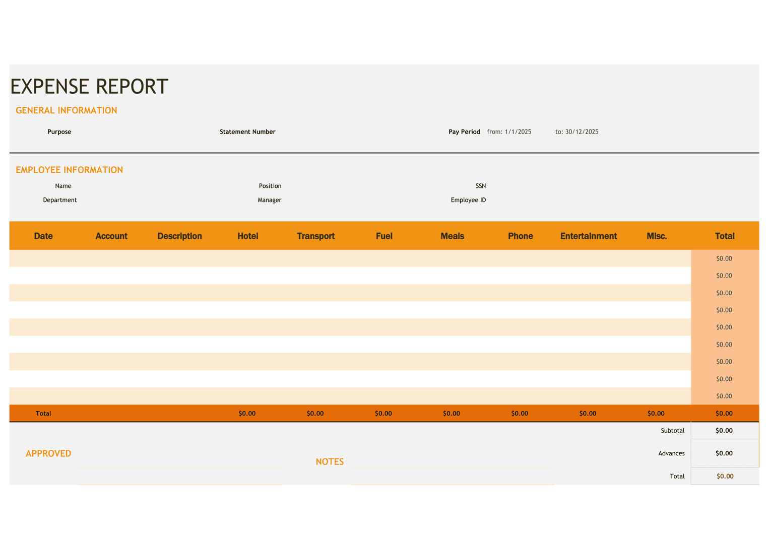Expense Report Basic template preview