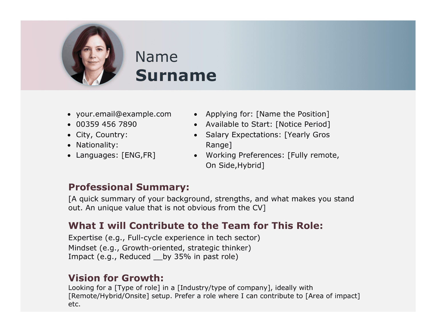Value-Driven CV template preview 1