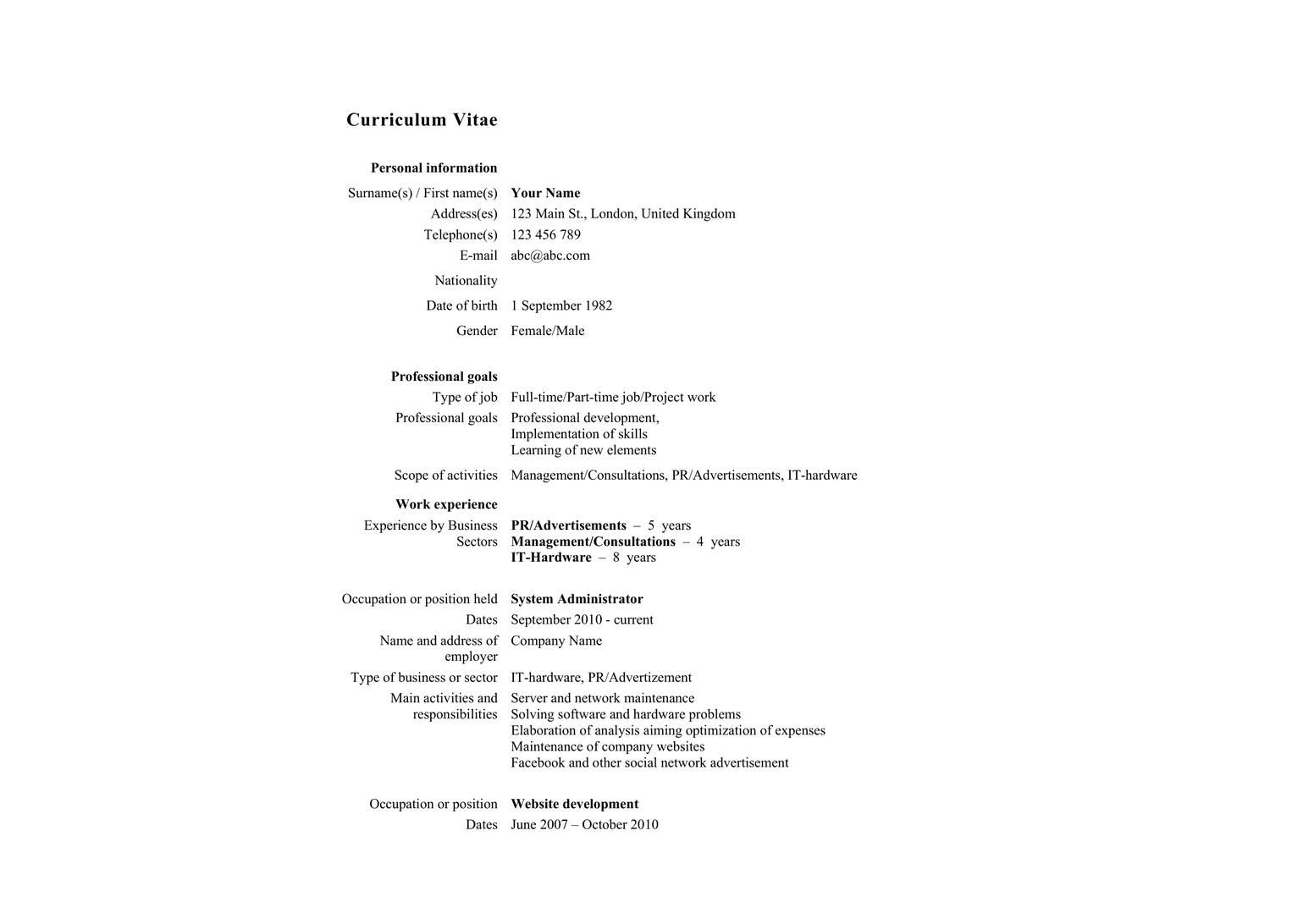 CV (EU format) template preview 1