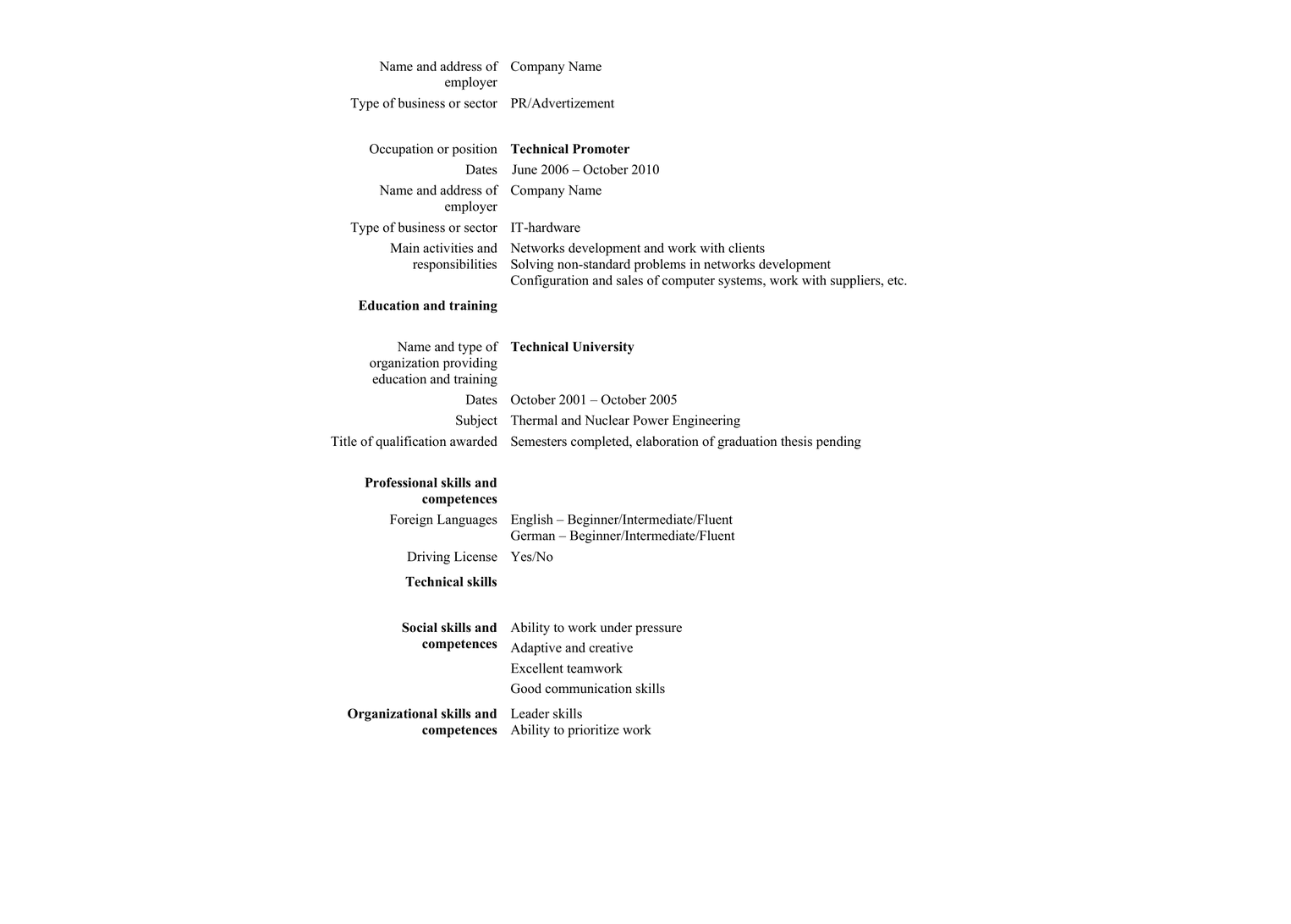 CV (EU format) template preview 2