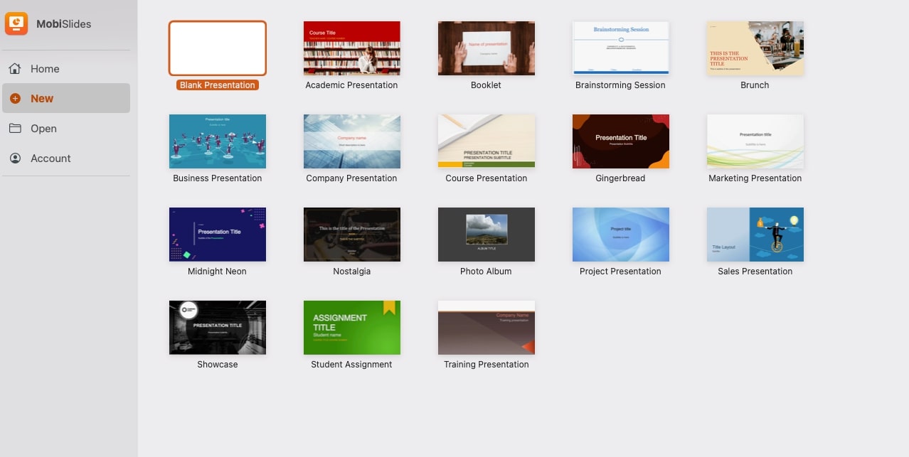 The MobiSlides interface displays a selection of presentation templates, including "Blank Presentation," "Business Presentation," "Project Presentation," and more.