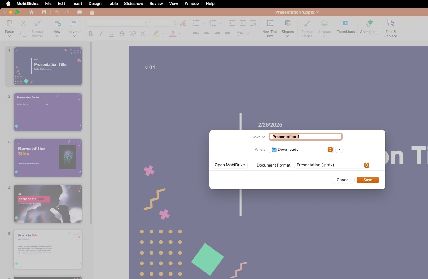 A MobiSlides presentation is being saved as "Presentation 1.pptx" in the Downloads folder.