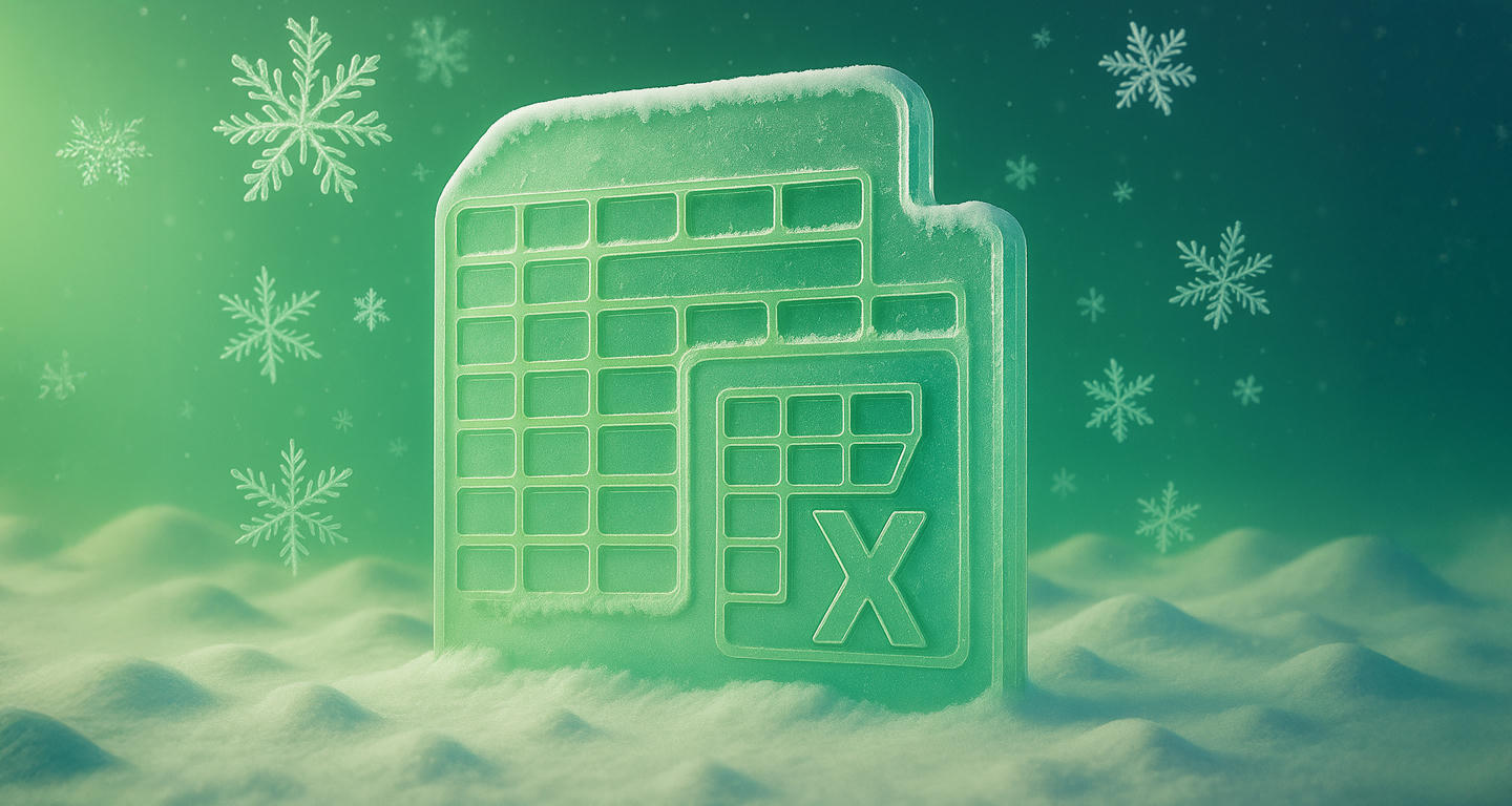 Frozen spreadsheet icon resembling Excel, covered in ice and surrounded by falling snowflakes, set against a green winter backdrop.