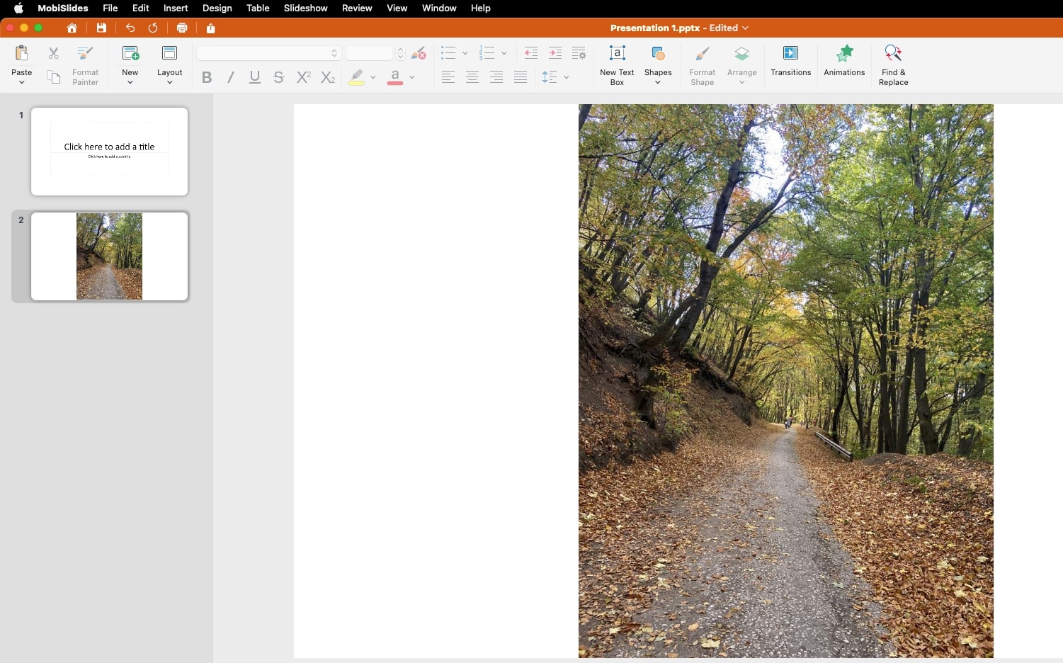 A MobiSlides presentation editor open on a computer screen. The second slide contains a large image of a tree-lined path in autumn with fallen leaves covering the ground.