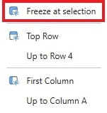 Excel dropdown menu from 'Freeze Panes' showing 'Freeze at selection' option highlighted.