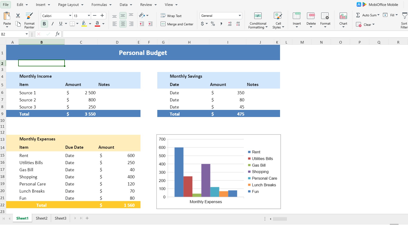 MobiSheets personal budget template with income, expenses, savings, and expense chart.